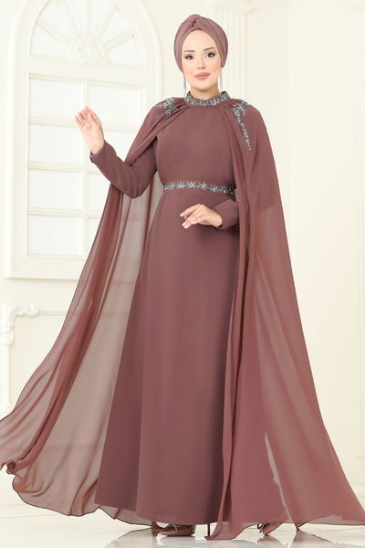 A.B. - Taşlı Pelerinli Şifon Abiye 8073AB368-MS Koyu Pudra Vizyon - 366481