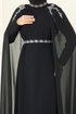 Taşlı Pelerinli Şifon Abiye 8073AB368-MS Siyah - Thumbnail