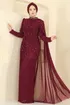 Taşlı Pelerinli Tül Abiye 5736EDF311-MS Bordo - Thumbnail