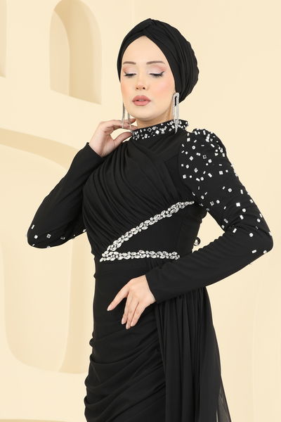 E.D.F. - Taşlı Pelerinli Tül Abiye 5742EDF311-MS Siyah - 430354
