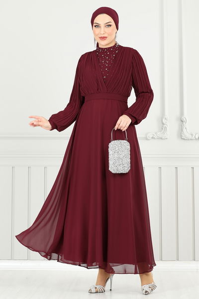 A.L.G. - Taşlı Şifon Abiye 0404ALG474-MS Bordo - 370876