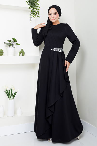 MRV S.L. - The Stone Detailed Hijab Dress 5022SL890 Black - 343248