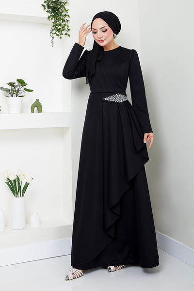 MRV S.L. - The Stone Detailed Hijab Dress 5022SL890 Black - 343249