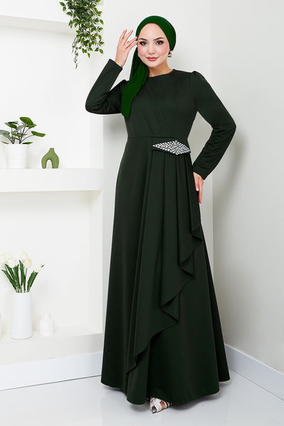 MRV S.L. - The Stone Detailed Hijab Dress 5022SL890 Emerald - 343262