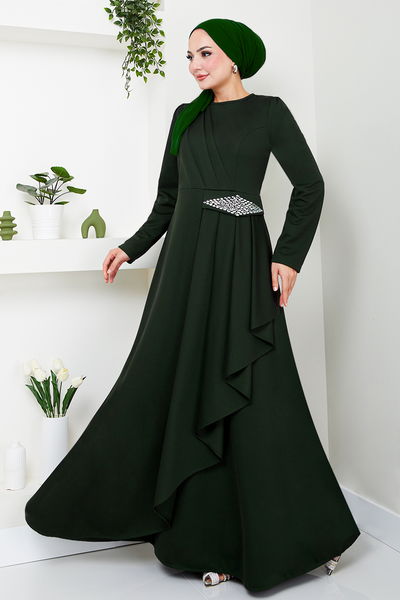 MRV S.L. - The Stone Detailed Hijab Dress 5022SL890 Emerald - 343263