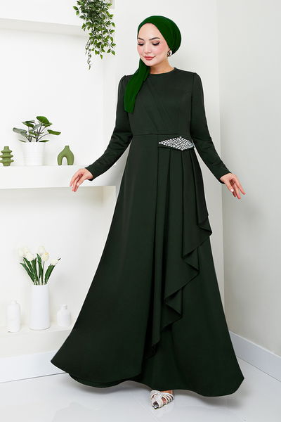 MRV S.L. - The Stone Detailed Hijab Dress 5022SL890 Emerald - 343264