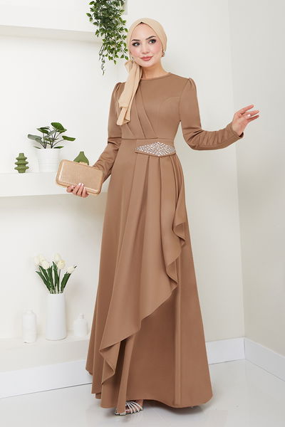 MRV S.L. - The Stone Detailed Hijab Dress 5022SL890 Latte - 343257