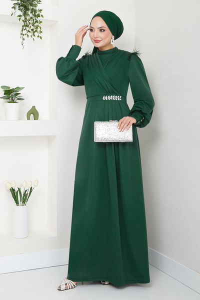 MRV D.V.L. - The Stone Detailed Hijab Evening dress 271DVL897-M Emerald - 344898