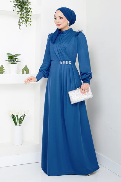 MRV D.V.L. - The Stone Detailed Hijab Evening dress 271DVL897-M Indigo - 344910