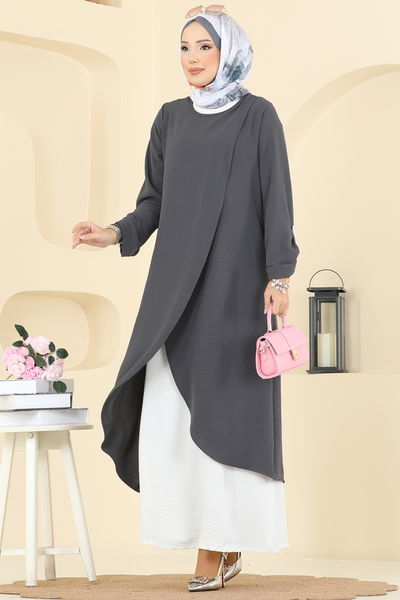 S.L. - Tuniği Yırtmaçlı Elbiseli Takım 2742SL432-MS Antrasit&Ekru - 403969