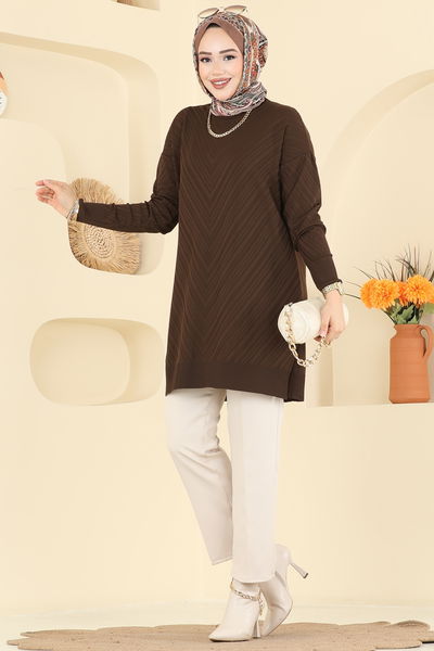 U.Z. - V Çizgili Merserize Triko Tunik 3192UZ662-MS Kahve - 418297