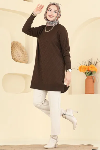 U.Z. - V Çizgili Merserize Triko Tunik 3192UZ662-MS Kahve