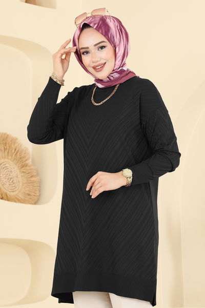 U.Z. - V Çizgili Merserize Triko Tunik 3192UZ662-MS Siyah - 418307