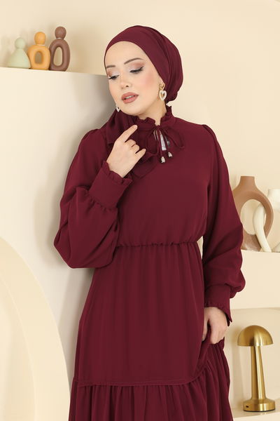 B.İ.S.S.K. - Yaka Bağcıklı Şifon Elbise 6268BSK463-MS Bordo - 426420