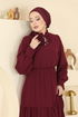Yaka Bağcıklı Şifon Elbise 6268BSK463-MS Bordo - Thumbnail