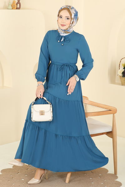 B.G.S. - Yakası Bağcıklı Belmando Elbise 7151BG354-MS İndigo - 424653