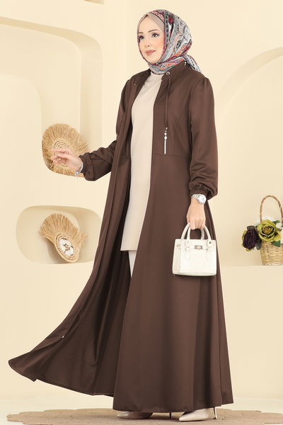 S.L. - Yakası Bağcıklı Tesettür Ferace 2483SL432-MS Kahve - 422392