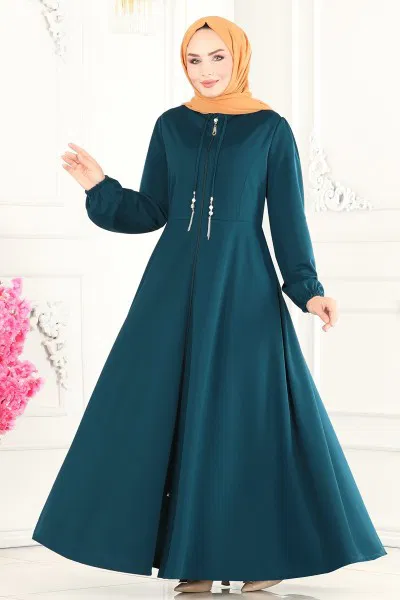 S.L. - Yakası Bağcıklı Tesettür Ferace 2483SL432-MS Petrol