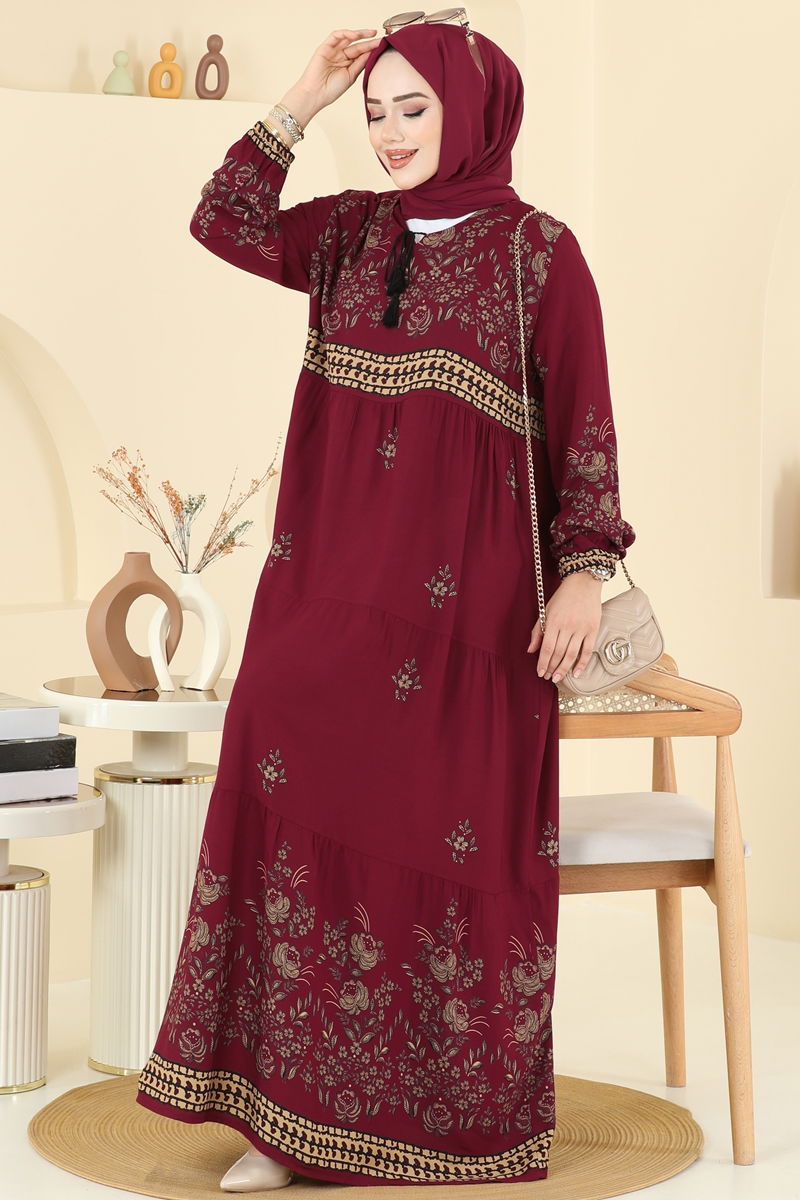 Yakası Bağcıklı Viskon Elbise 5013ERK1158-MS Bordo