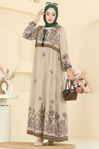 E.R.K. - Yakası Bağcıklı Viskon Elbise 5013ERK1158-MS Taş - 393645