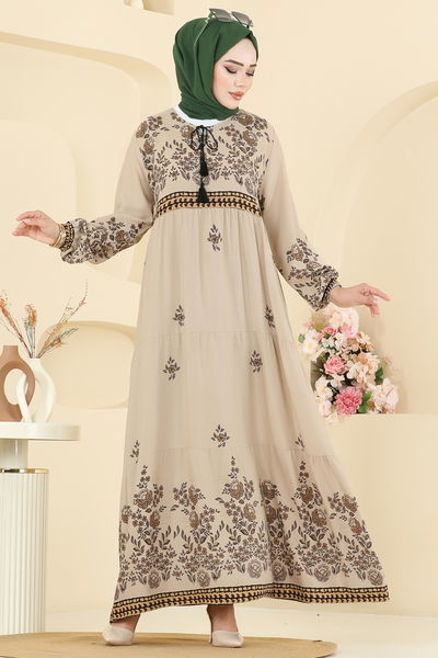 E.R.K. - Yakası Bağcıklı Viskon Elbise 5013ERK1158-MS Taş - 393646