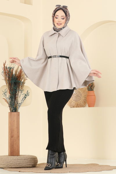 T.E.G. - Yakası Düğmeli Kaşe Panço 6070TEG847-MS Taş - 413512