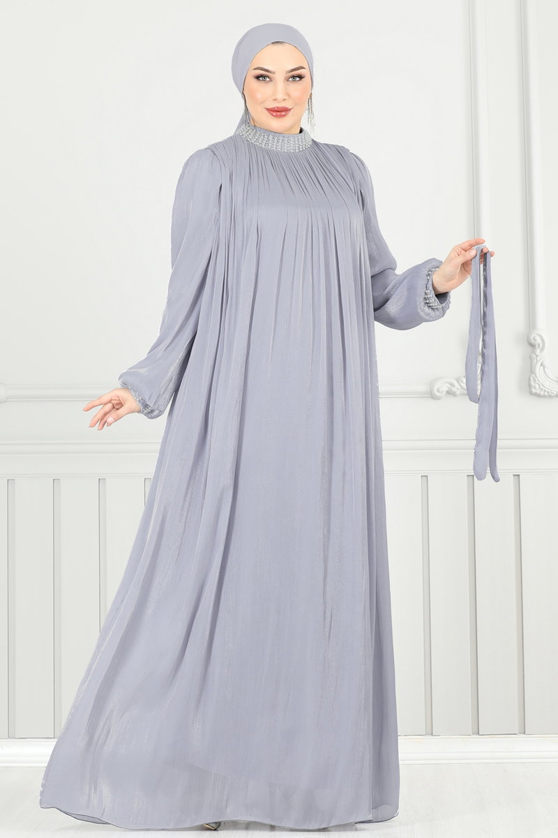 Yakası İncili Tesettür Abiye 6622YG95-MS Gri