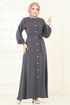 Yakası İncili Tesettür Elbise 316HBS856-MS Antrasit - Thumbnail