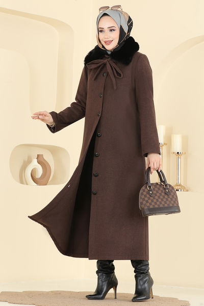 A.B. - Yakası Kürk Detaylı Kaşe Kaban 8184AB368-MS Kahve - 420805