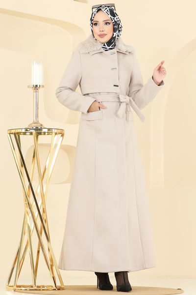 O.Z.T. - Yakası Kürklü İthal Kaşe Kaban 1121OZT1013-MS Taş - 401455