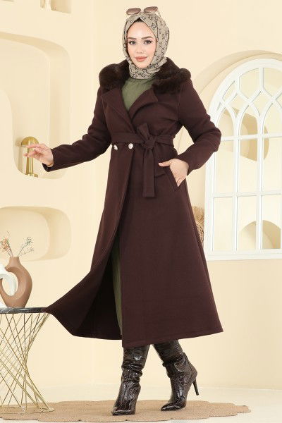 Y.G.S. - Yakası Kürklü Kaşe Kaban 6664YG95-MS Acı Kahve