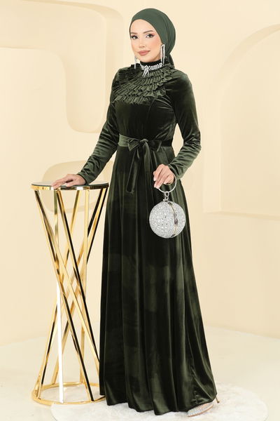 M.E.Y. - Yakası Taşlı Kadife Abiye Elbise 2048MEY846-MS Haki - 405965