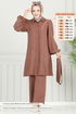 Yakası Taşlı Tesettür Takım 9038S324-MS Kahve - Thumbnail
