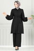 Yakası Taşlı Tesettür Takım 9038S324-MS Siyah - Thumbnail