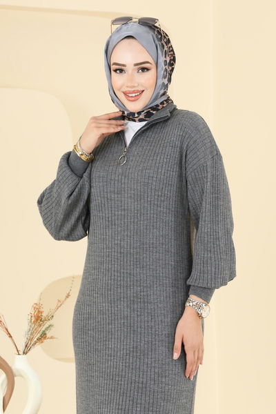 K.L. - Yakası Yarım Fermuarlı Triko Elbise 8341KL398-MS Antrasit - 393494