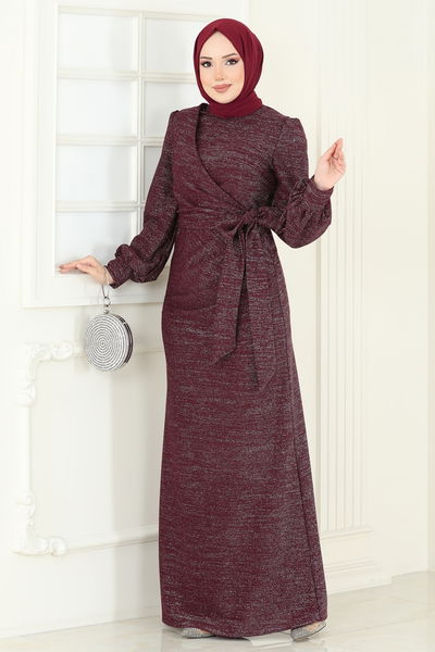 A.S.M.K. - Yandan Bağcıklı Abiye Elbise 2807ASMK1074-MS Bordo - 388941