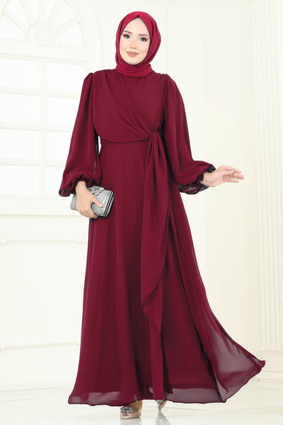 B.İ.S.S.K. - Yandan Bağcıklı Abiye Elbise 6226BSK463-MS Açık Bordo - 429285