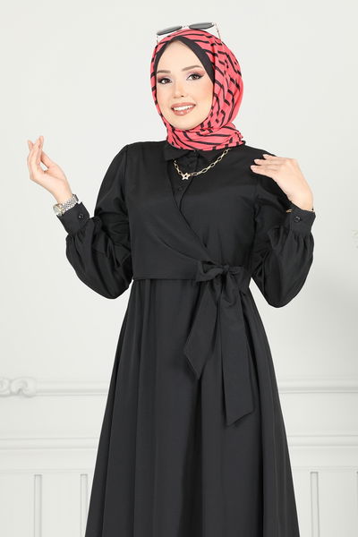 C.R. - Yandan Bağlamalı Terikoton Elbise 3348CR1136-MS Siyah - 387260