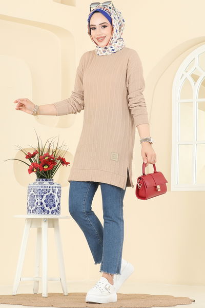 B.O. - Yandan Yırtmaçlı Bürümcük Tunik 190BO429-MS Taş - 416670