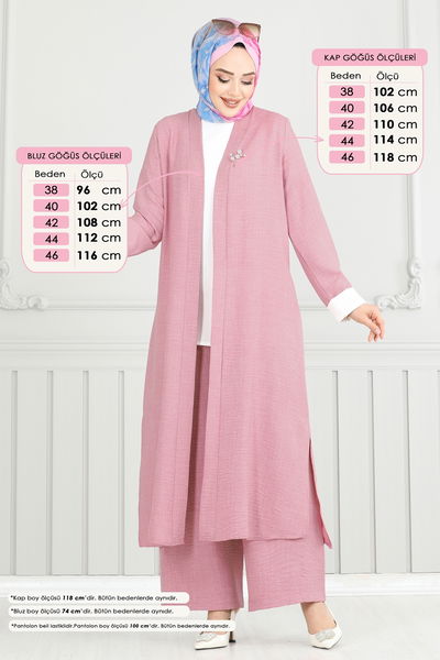 L.V.N. - Yandan Yırtmaçlı Üçlü Takım 1774LVN1041-MS Açık Gül Kurusu - 390692