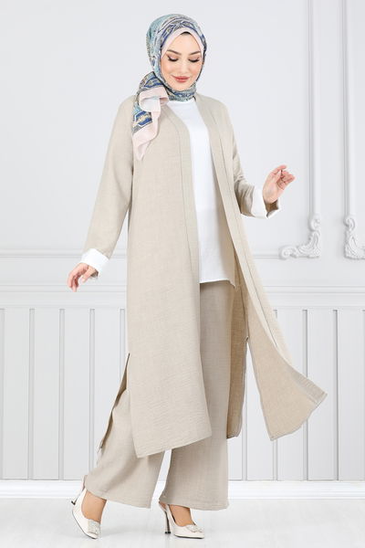 L.V.N. - Yandan Yırtmaçlı Üçlü Takım 1774LVN1041-MS Taş - 390702