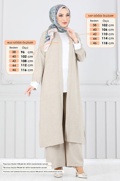 L.V.N. - Yandan Yırtmaçlı Üçlü Takım 1774LVN1041-MS Taş - 390705