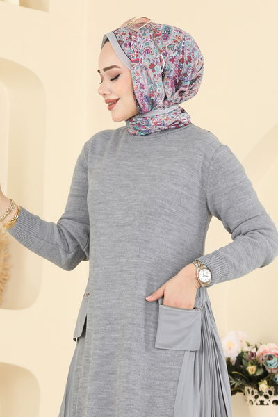 U.Z. - Yanları Piliseli Triko Elbise 7610UZ662-MS Gri - 417573