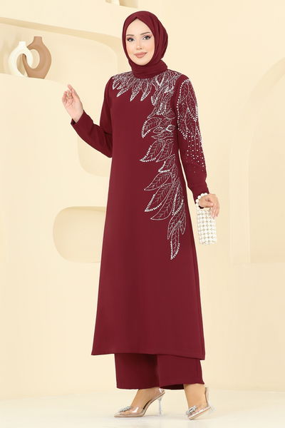 A.B.K. - Yaprak Detay Taşlı Takım 8098ABK1075-MS Bordo - 392119