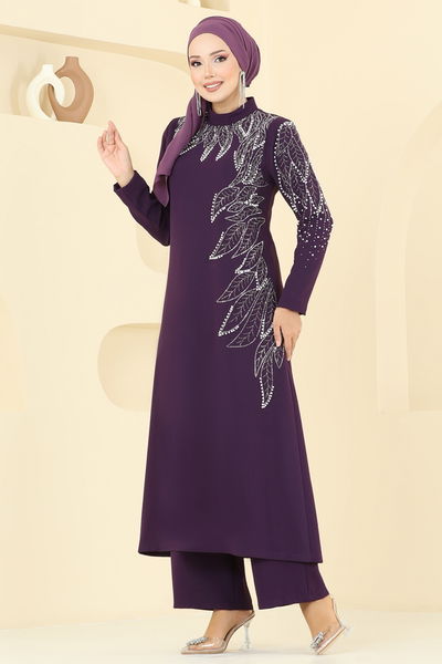 A.B.K. - Yaprak Detay Taşlı Takım 8098ABK1075-MS Mor - 392129