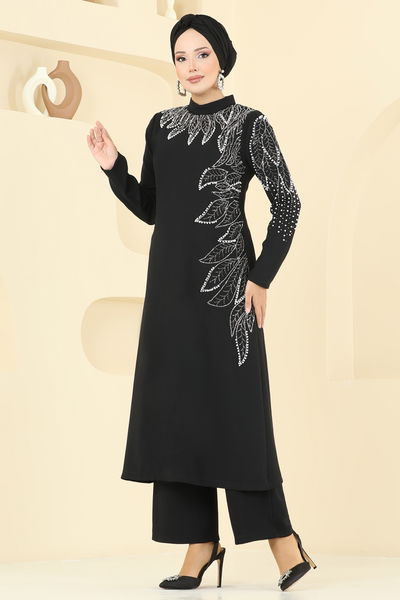 A.B.K. - Yaprak Detay Taşlı Takım 8098ABK1075-MS Siyah - 392124