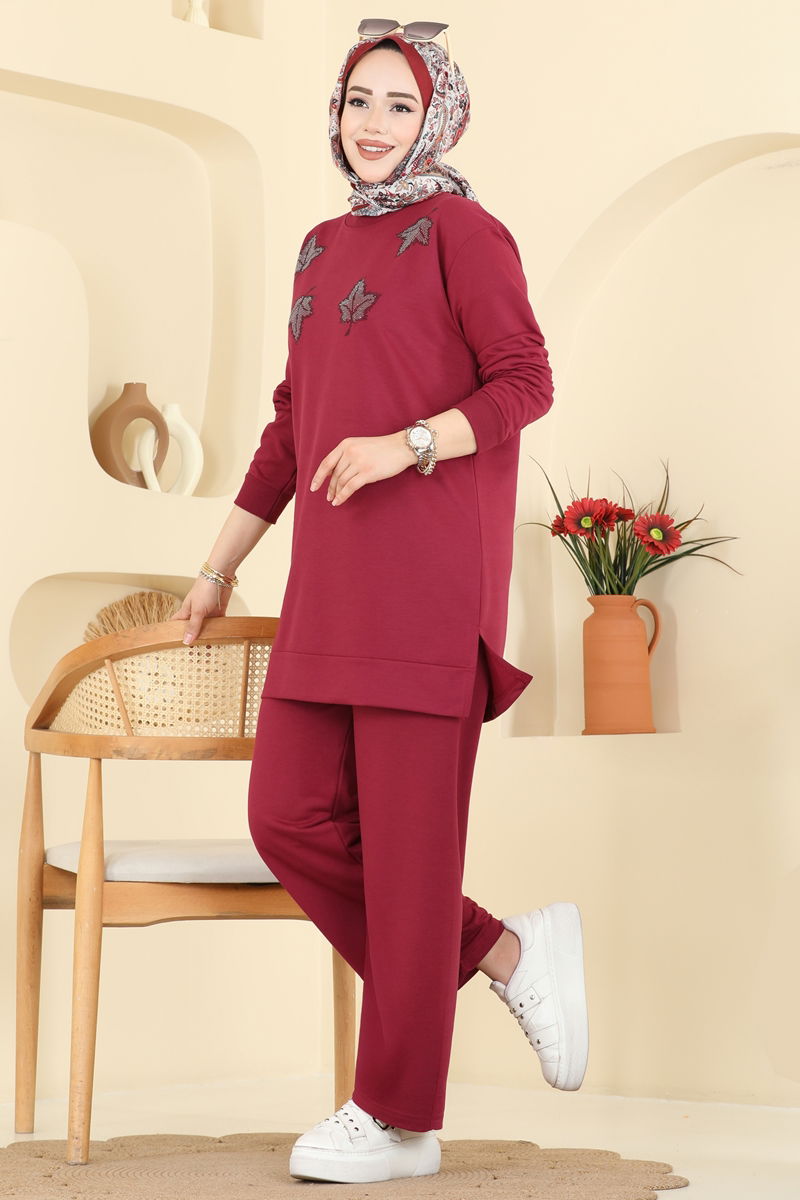 Yaprak İşlemeli Pantolonlu Takım 213OZN1046-MS Bordo
