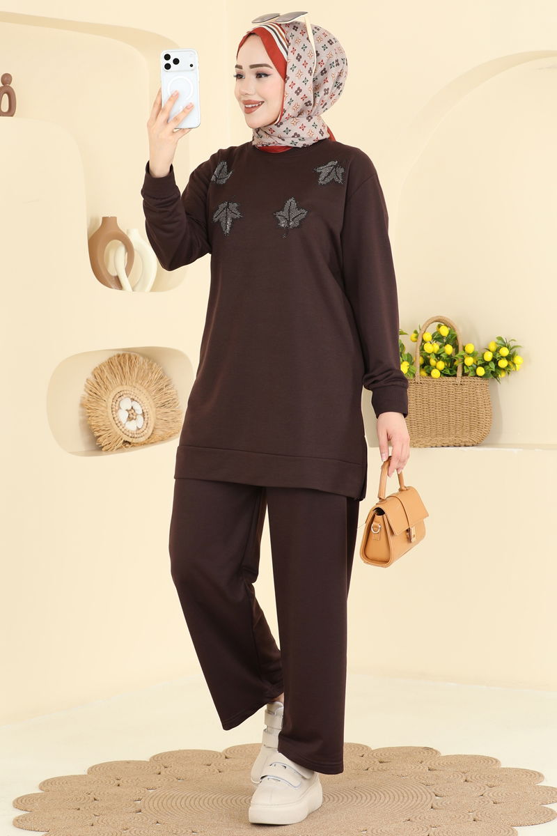 Yaprak İşlemeli Pantolonlu Takım 213OZN1046-MS Kahve