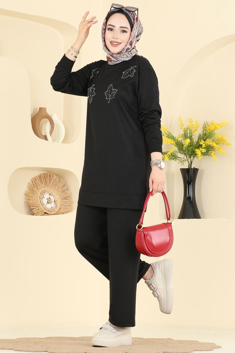 Yaprak İşlemeli Pantolonlu Takım 213OZN1046-MS Siyah