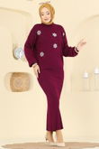 M.T. - Yarım Boğaz Elbiseli Takım 1009MT581-MS Bordo